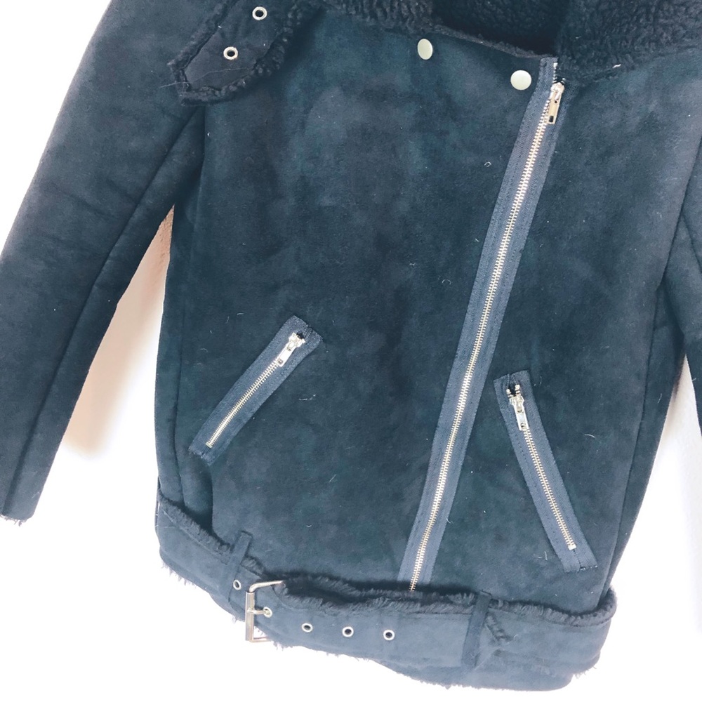 J.O.A. Navy Faux Shearling Biker Jacket Sz XS - Picture 6 of 7